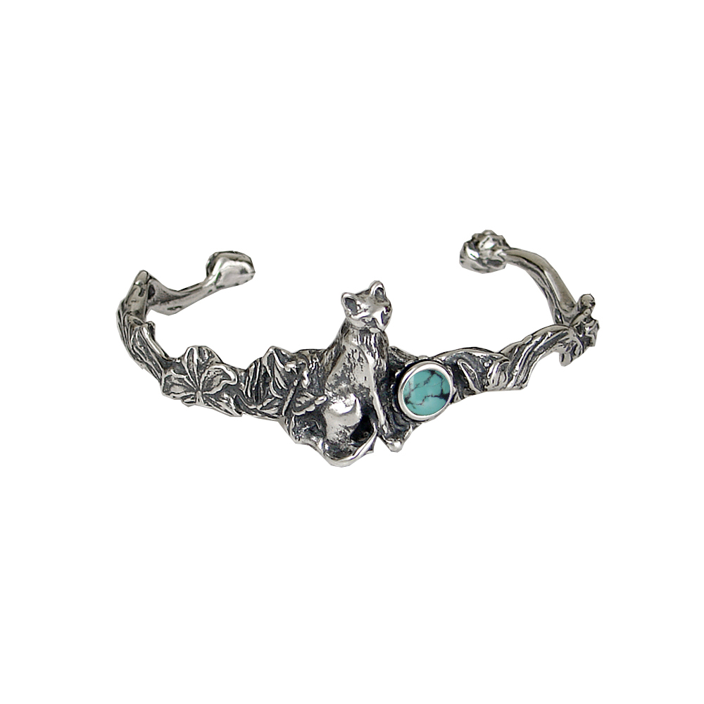 Sterling Silver Cat With Flowers Cuff Bracelet Chinese Turquoise